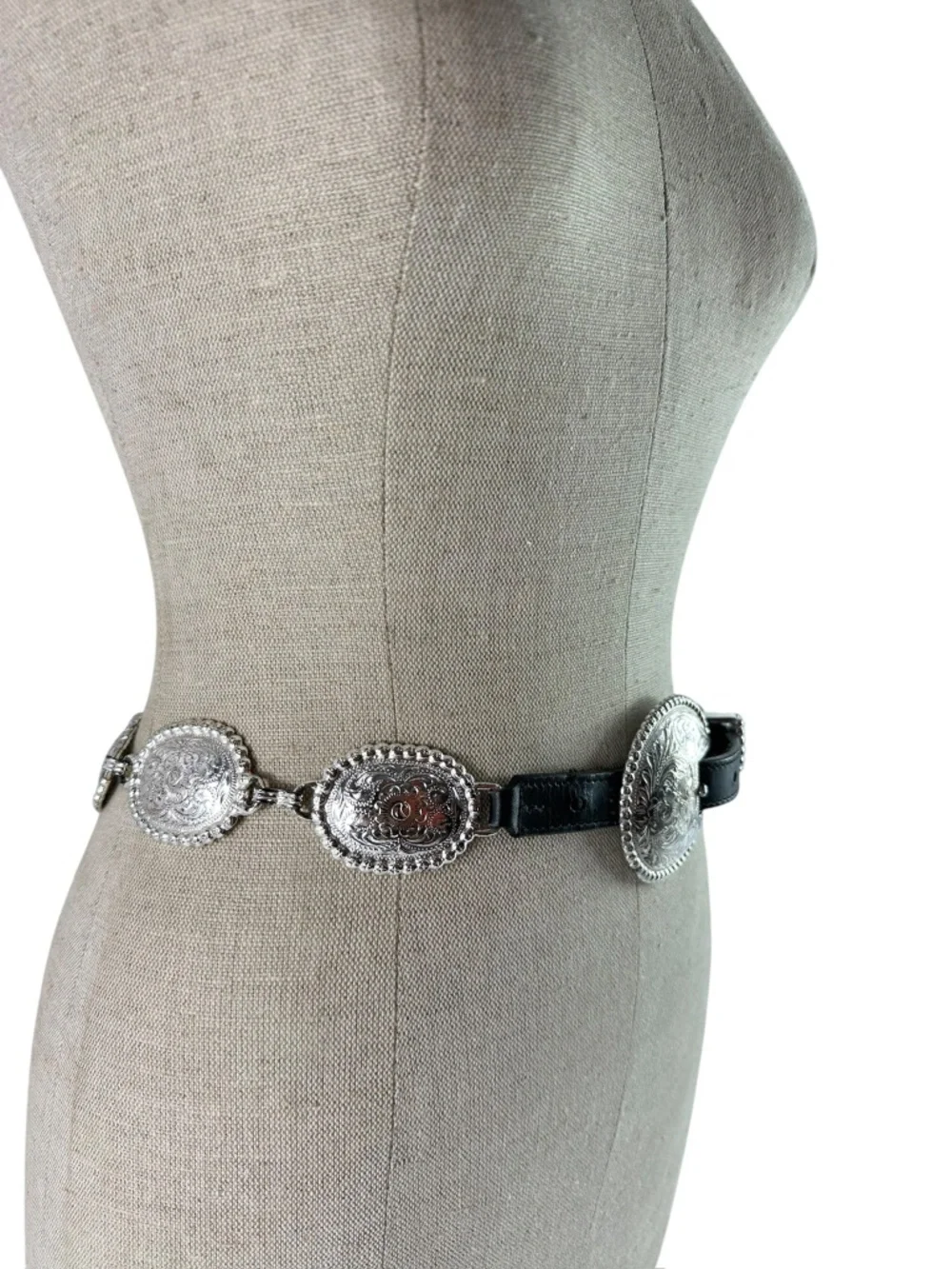 Genuine Vintage TONY LAMA Black Leather Concho Silver Western Bohemian Belt 28